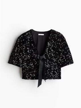 H&M Black Sequin Bow Tie Cropped Jacket L